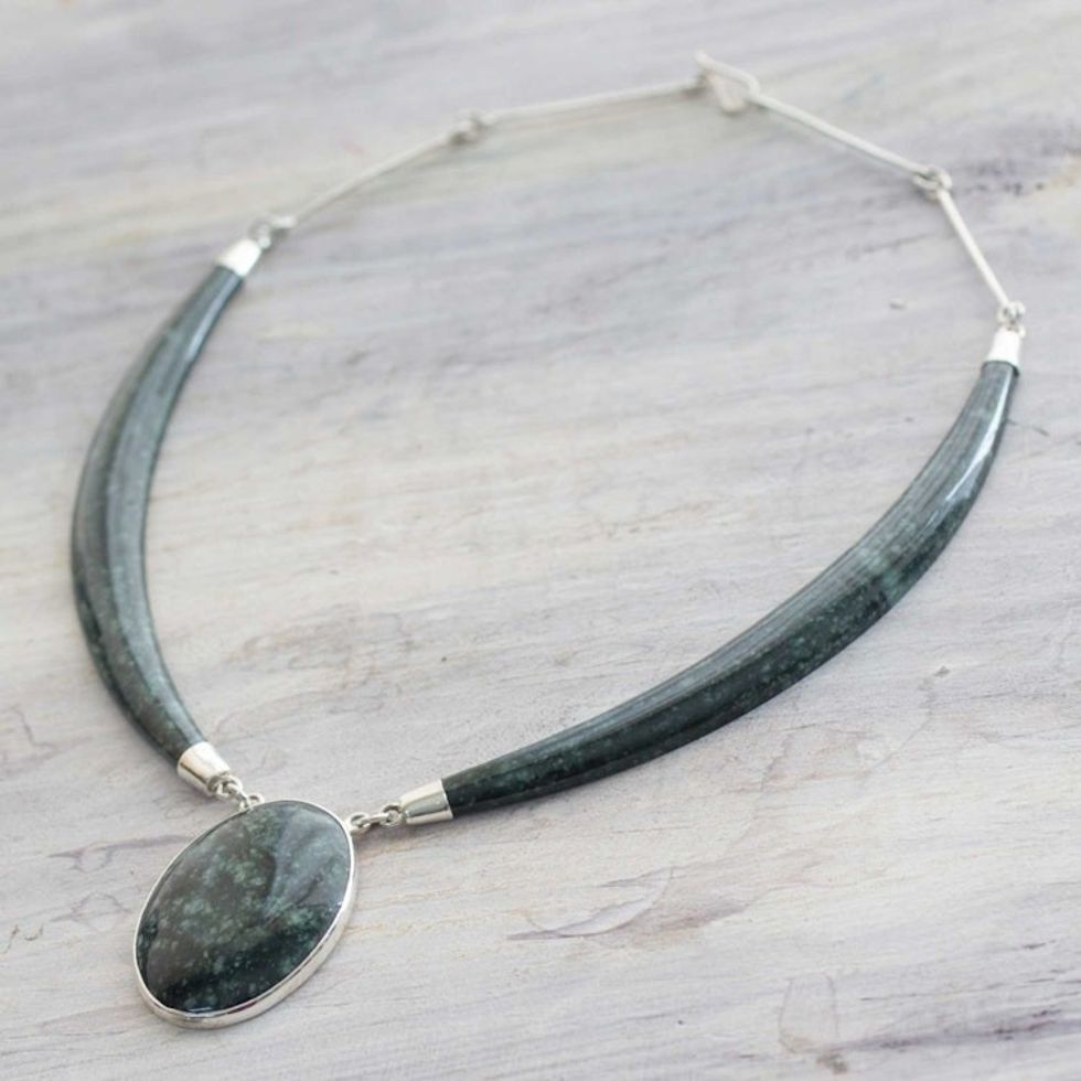 Dark Green Jade Pendant Necklace with Sterling Silver 'Maya Elegance'