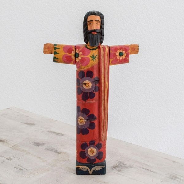 Alternate image for Hand-Painted Floral Wood Jesus Statuette from Guatemala Jesus Revived