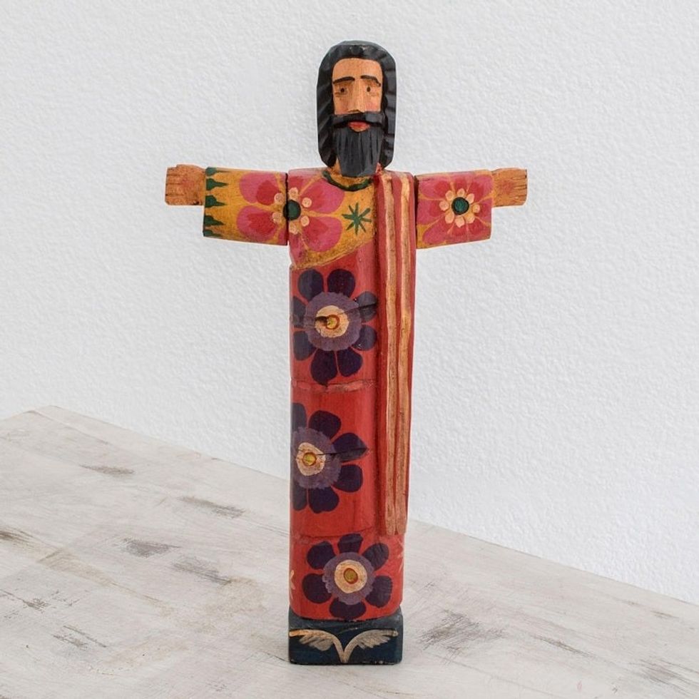 Hand-Painted Floral Wood Jesus Statuette from Guatemala 'Jesus Revived'