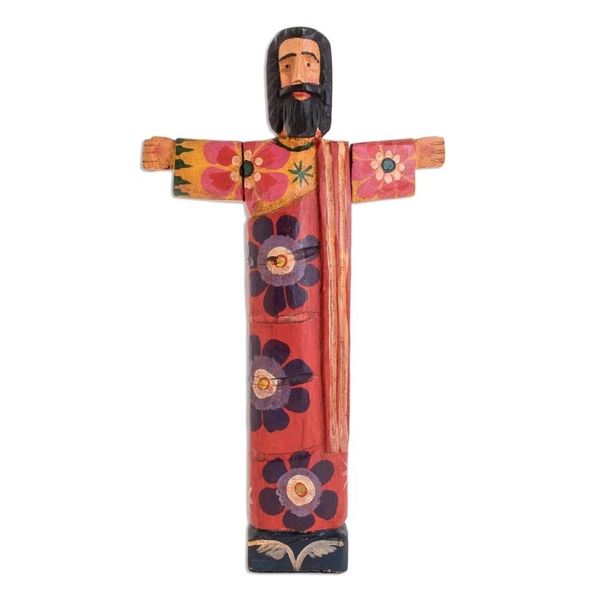 Alternate image for Hand-Painted Floral Wood Jesus Statuette from Guatemala Jesus Revived