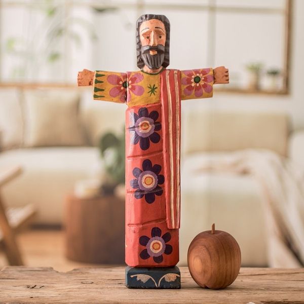Alternate image for Hand-Painted Floral Wood Jesus Statuette from Guatemala Jesus Revived