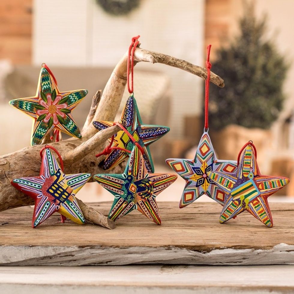 Ceramic hand painted ornaments Set of 6 'Holiday Stars'