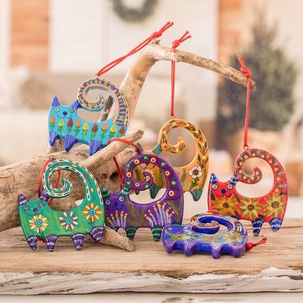 Alternate image for Set of 6 Handcrafted Ceramic Ornaments with Colorful Cats Hypnotic Felines