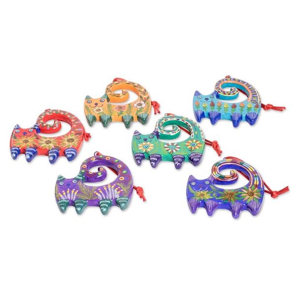 Alternate image for Set of 6 Handcrafted Ceramic Ornaments with Colorful Cats Hypnotic Felines