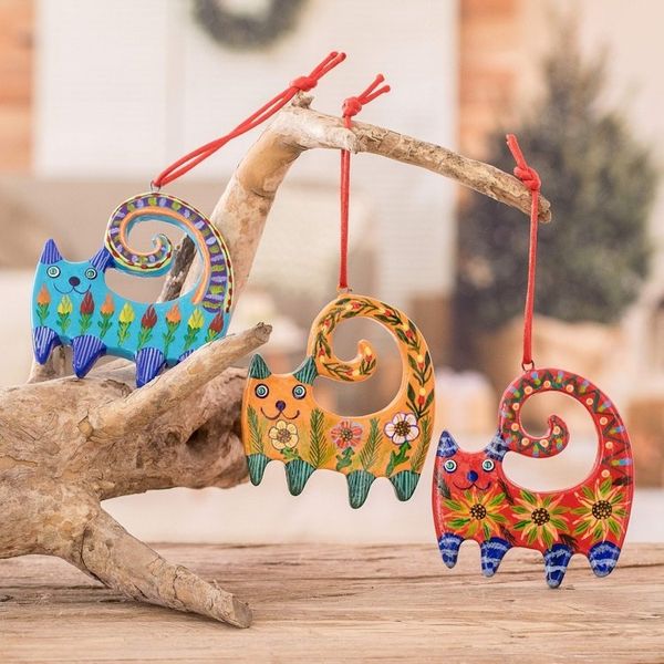 Alternate image for Set of 6 Handcrafted Ceramic Ornaments with Colorful Cats Hypnotic Felines