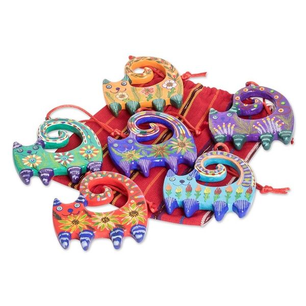 Alternate image for Set of 6 Handcrafted Ceramic Ornaments with Colorful Cats Hypnotic Felines
