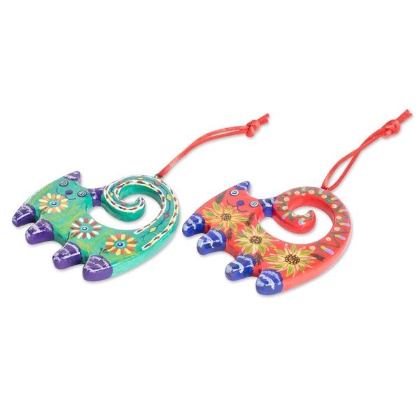 Alternate image for Set of 6 Handcrafted Ceramic Ornaments with Colorful Cats Hypnotic Felines