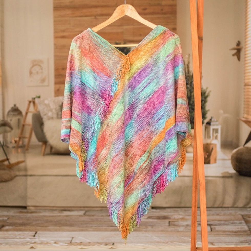 Pastel-Toned Handwoven Fringed Cotton and Rayon Blend Poncho 'Pastel Dreams'