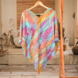 Image for Pastel-Toned Handwoven Fringed Cotton and Rayon Blend Poncho Pastel Dreams