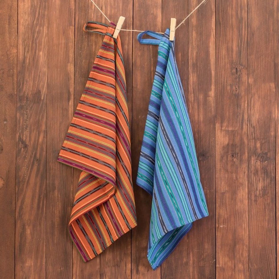 Pair of Striped Cotton Dish Towels Hand-Woven in Guatemala 'Kitchen Love'