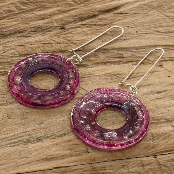 Alternate image for Modern Round Purple Recycled CD Dangle Earrings Purple Era