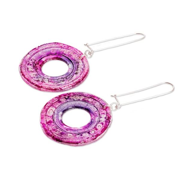 Alternate image for Modern Round Purple Recycled CD Dangle Earrings Purple Era