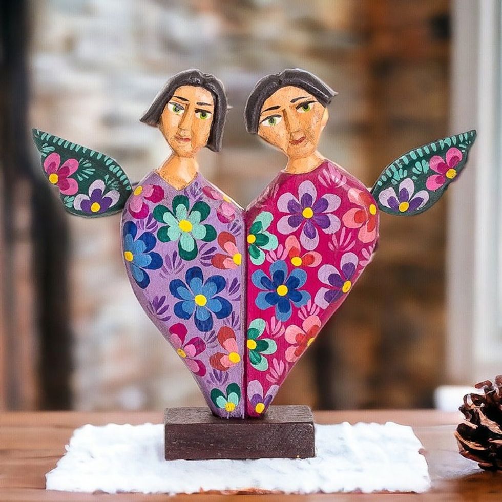 Heart Shaped Pinewood Angel Sculpture Carved by Hand 'Angels of Love I'