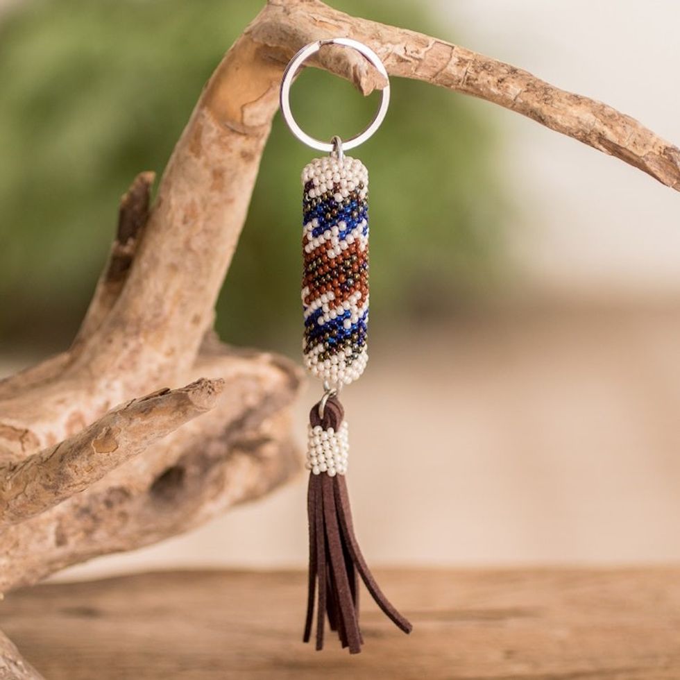 Beaded Leather Keychain and Bag Charm Handmade in Guatemala 'Chic Subtlety'
