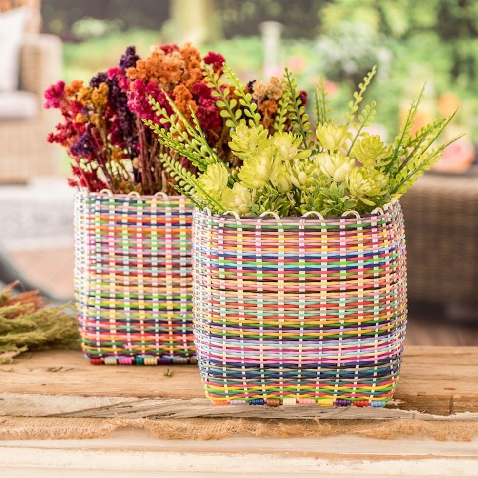 Set of 2 Handcrafted Colorful Recycled Plastic Baskets 'Eco-Joy'