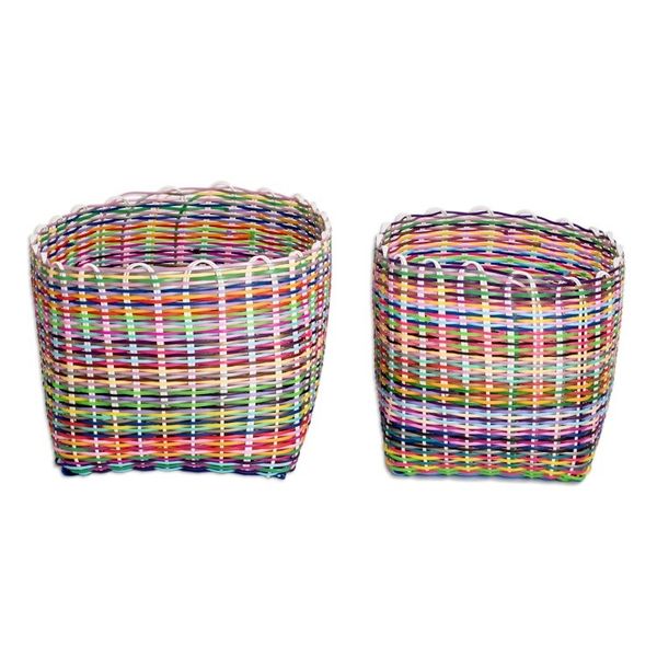 Alternate image for Set of 2 Handcrafted Colorful Recycled Plastic Baskets Eco-Joy