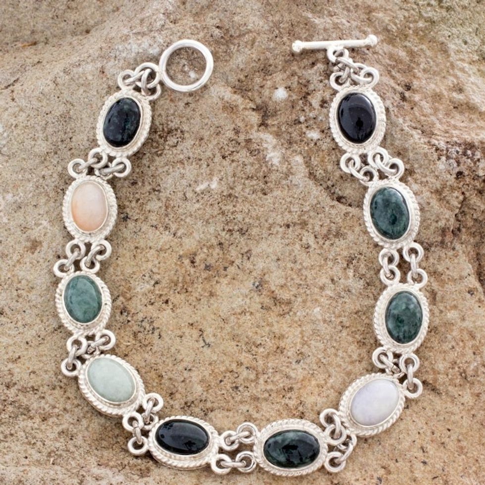 Handcrafted Sterling Silver Link Jade Bracelet 'Jocotenango Rainbow'