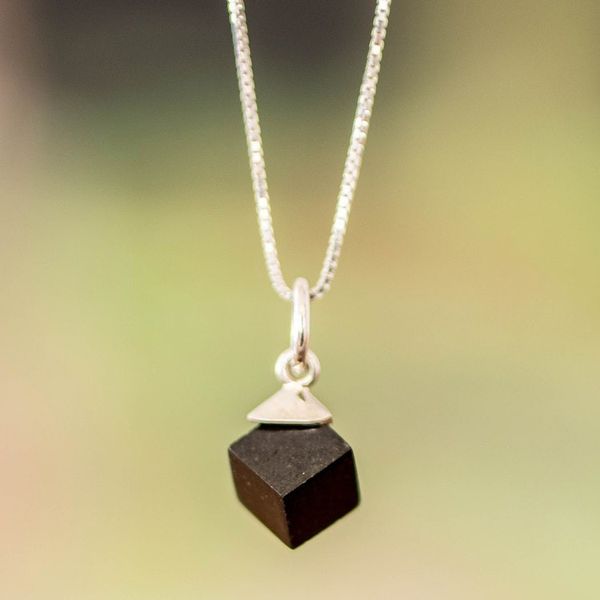 Alternate image for Minimalist Cube Square Black Jade Silver Pendant Necklace Black Cube