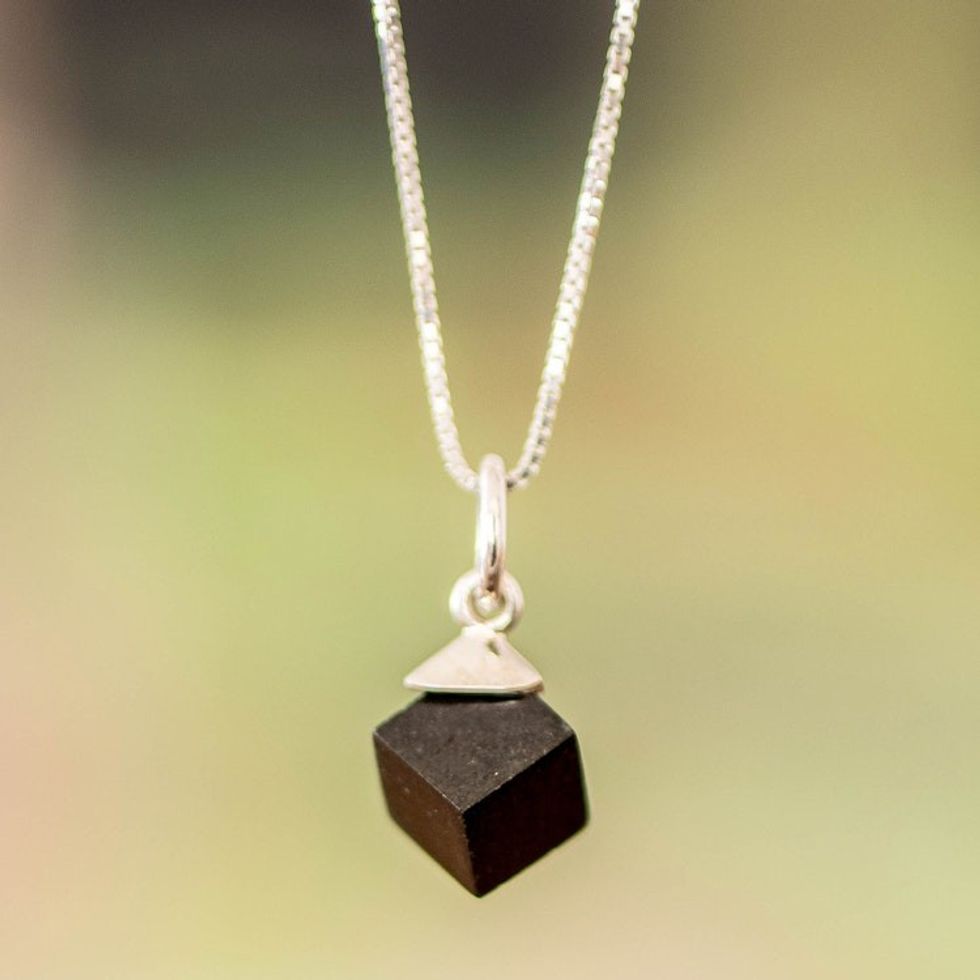 Minimalist Cube Square Black Jade Silver Pendant Necklace 'Black Cube'