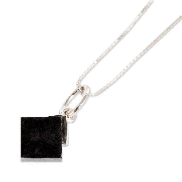 Alternate image for Minimalist Cube Square Black Jade Silver Pendant Necklace Black Cube