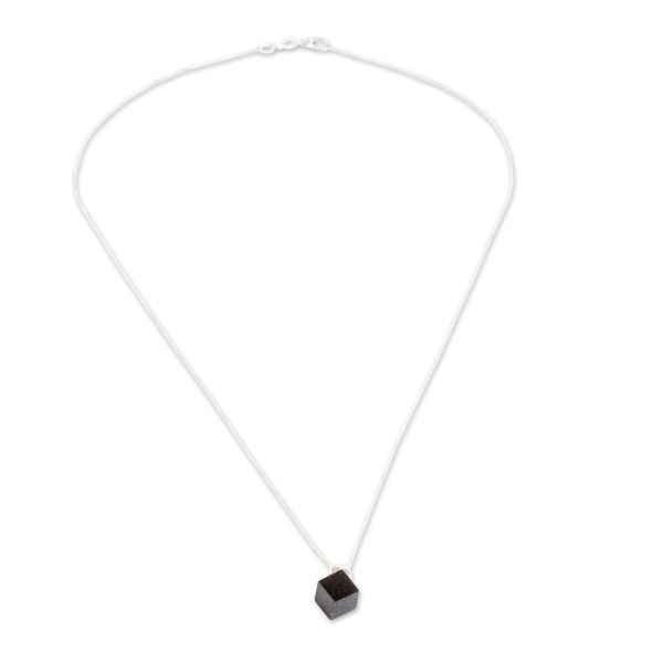 Alternate image for Minimalist Cube Square Black Jade Silver Pendant Necklace Black Cube