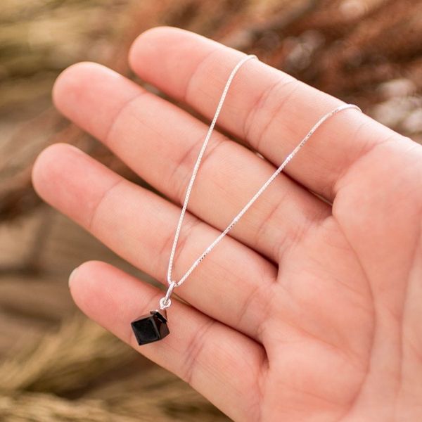 Alternate image for Minimalist Cube Square Black Jade Silver Pendant Necklace Black Cube