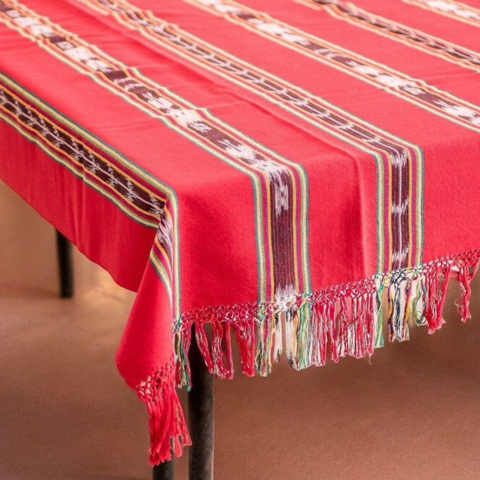 Handwoven Striped Fringed Cotton Tablecloth in Red 'Family Joy'