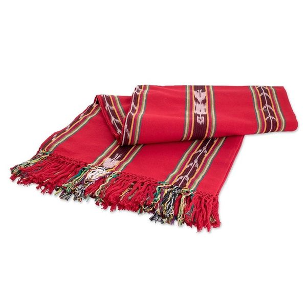 Alternate image for Handwoven Striped Fringed Cotton Tablecloth in Red Family Joy