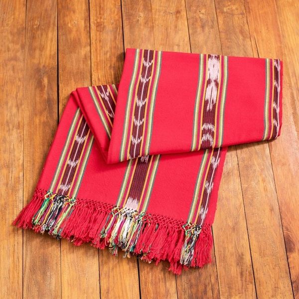 Alternate image for Handwoven Striped Fringed Cotton Tablecloth in Red Family Joy