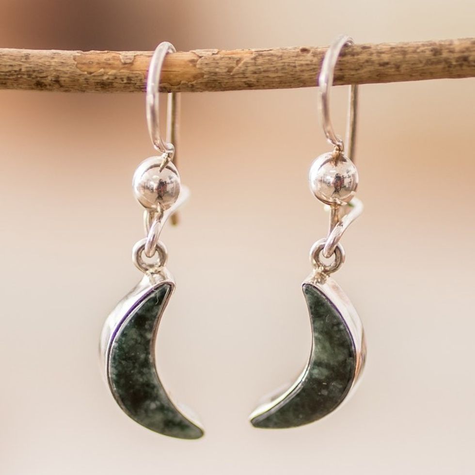 Silver Dark Green Jade Crescent Moon Dangle Earrings 'Chic Crescent'