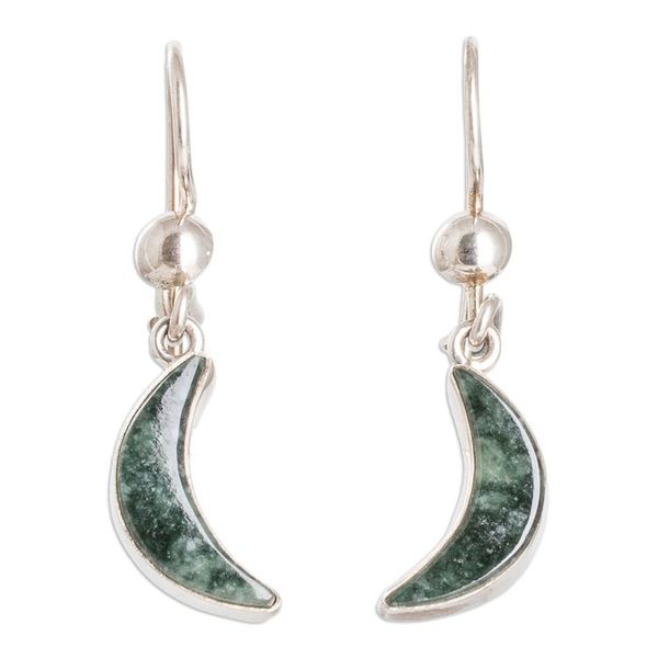 Alternate image for Silver Dark Green Jade Crescent Moon Dangle Earrings Chic Crescent