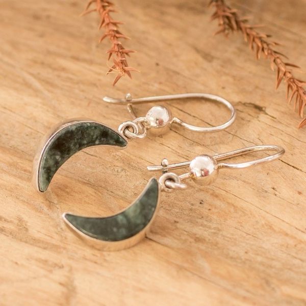 Alternate image for Silver Dark Green Jade Crescent Moon Dangle Earrings Chic Crescent