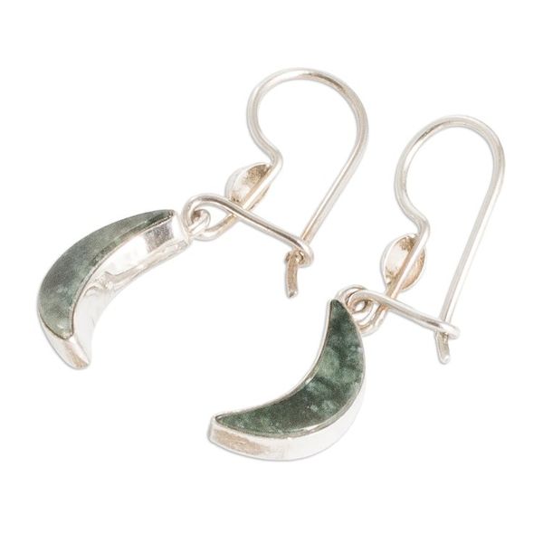 Alternate image for Silver Dark Green Jade Crescent Moon Dangle Earrings Chic Crescent