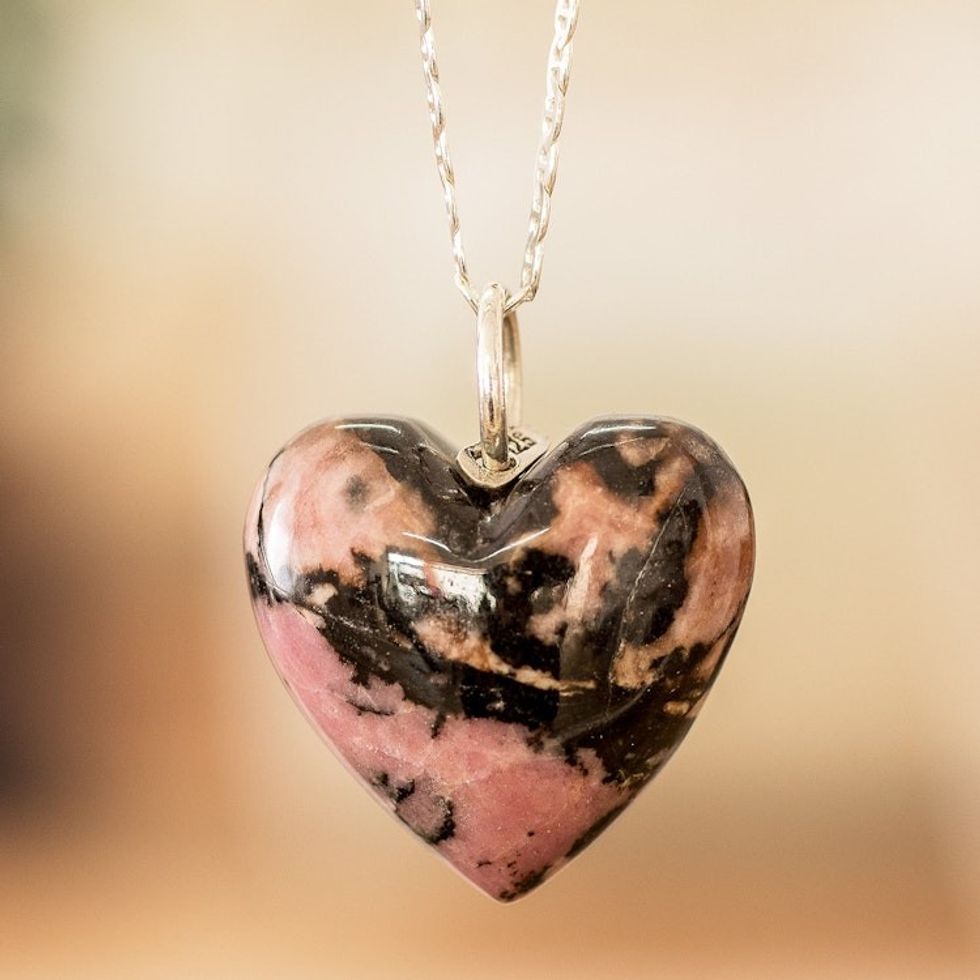 Polished Heart-Shaped Natural Rhodonite Pendant Necklace 'Heart of Compassionate'