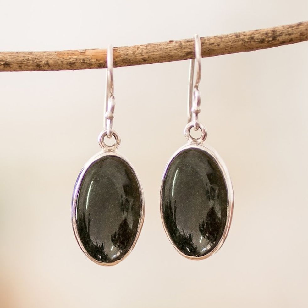 Sterling Silver and Oval Dark Green Jade Dangle Earrings 'Petite Maya Splendor'