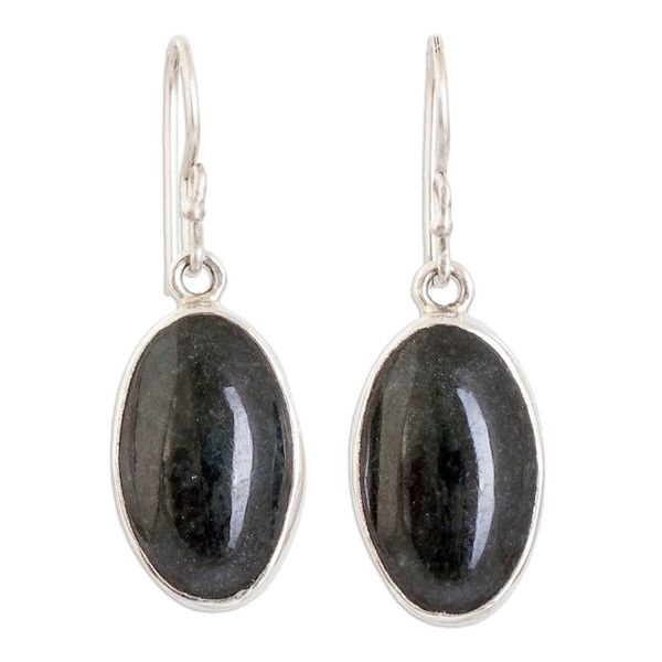 Alternate image for Sterling Silver and Oval Dark Green Jade Dangle Earrings Petite Maya Splendor