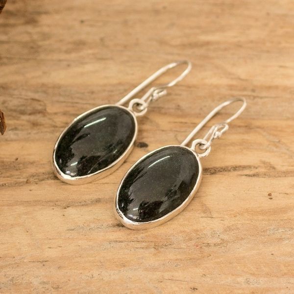 Alternate image for Sterling Silver and Oval Dark Green Jade Dangle Earrings Petite Maya Splendor