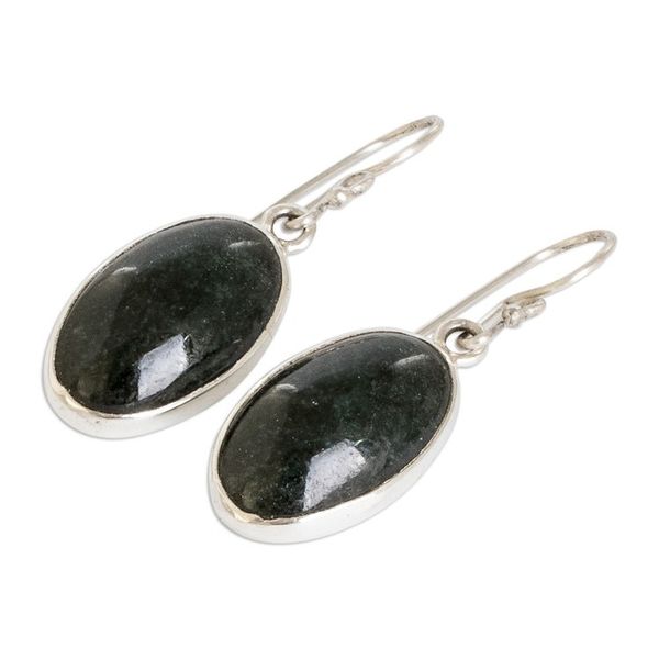 Alternate image for Sterling Silver and Oval Dark Green Jade Dangle Earrings Petite Maya Splendor