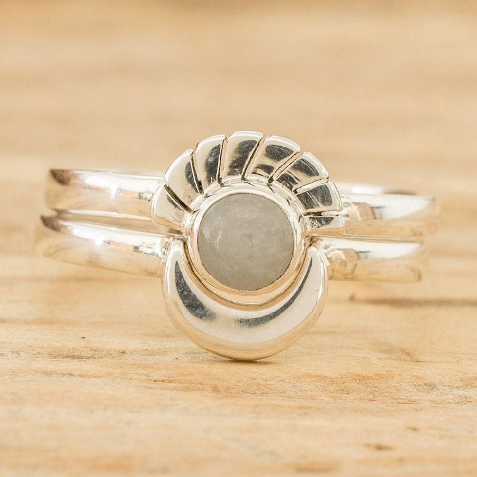 Polished Moon-Themed Natural Jade Stacking Rings Set of 2 'Eclipse on the Moon'