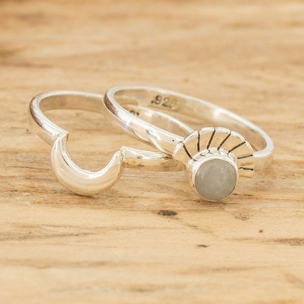 Alternate image for Polished Moon-Themed Natural Jade Stacking Rings Set of 2 Eclipse on the Moon