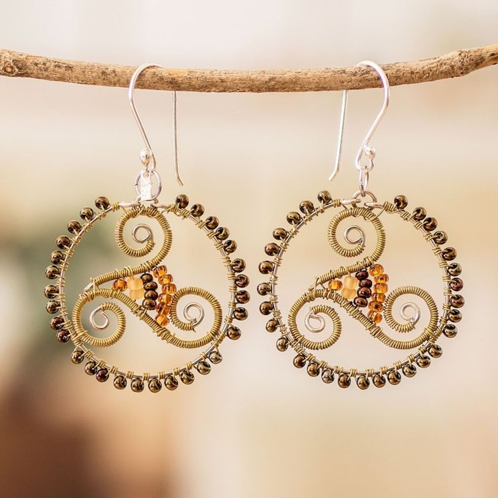 Brown Round Spiral Glass Beaded Dangle Earrings 'Coffee Convergence'