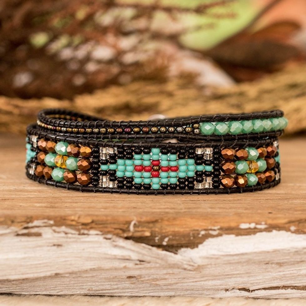 Black Hand-Woven Geometric-Themed Long Beaded Wrap Bracelet 'Geometric Enchantment'