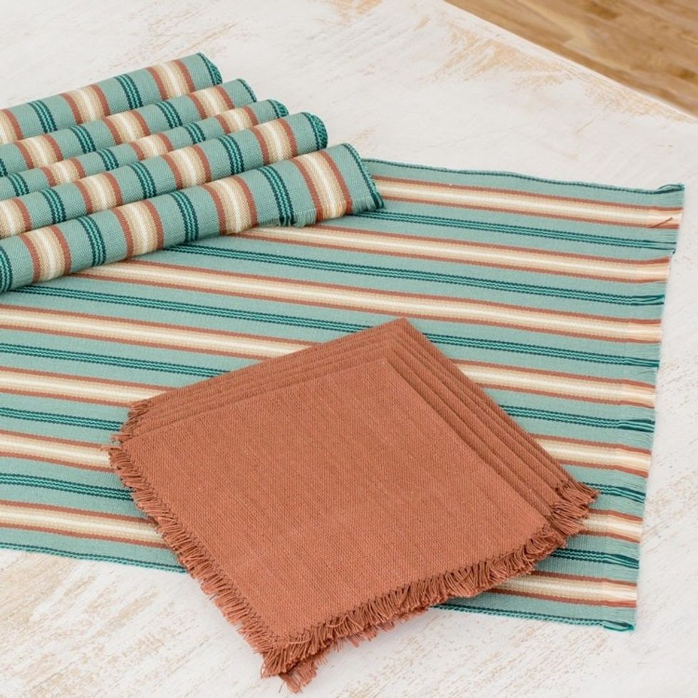 Six Cotton Placemats and Napkins in Celadon and Russet 'Celadon Trails'