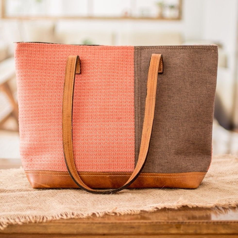 Leather-Accented Cotton Shoulder Bag in Salmon and Taupe 'Salmon Diversity'