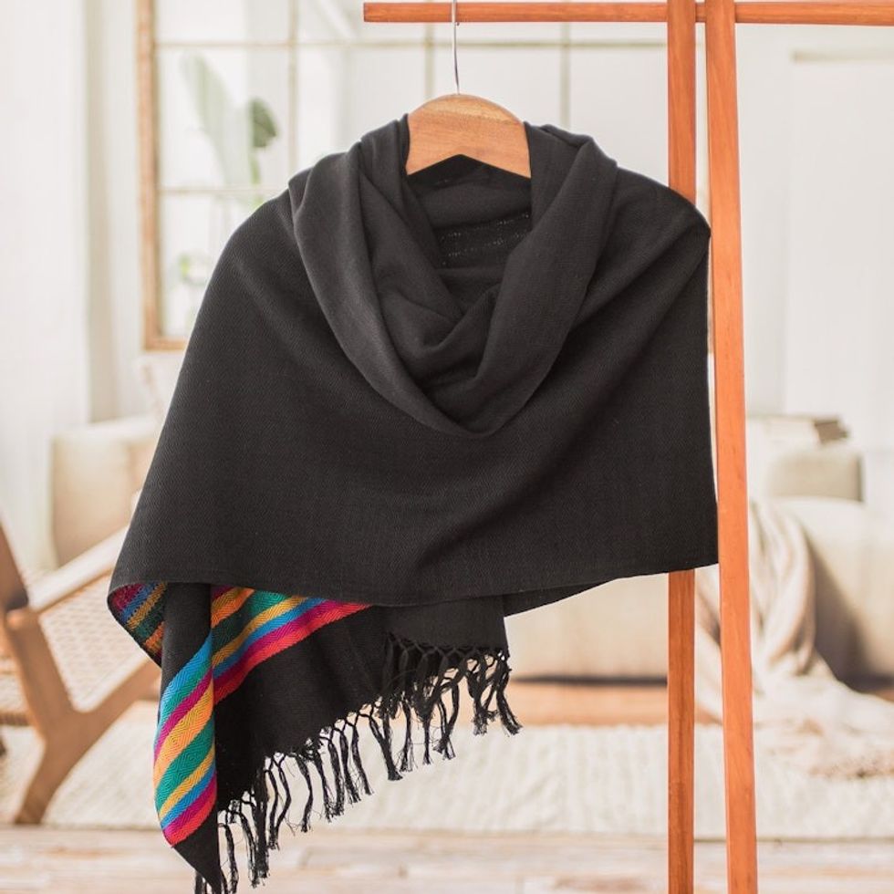 Handloomed Black Cotton Shawl with Colorful Stripes 'Festive Twilight'
