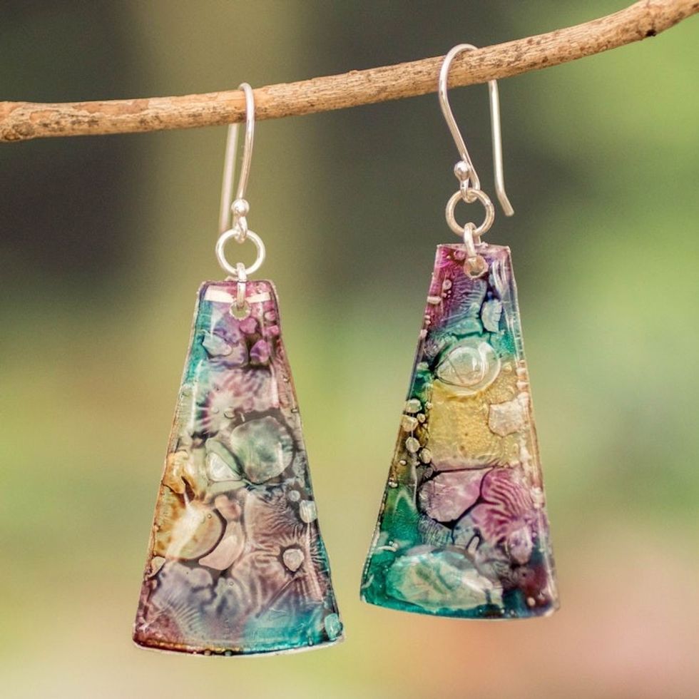 Yellow Turquoise and Purple Recycled CD Dangle Earrings 'Color Explosion'