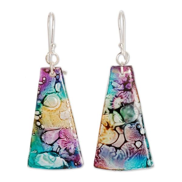 Alternate image for Yellow Turquoise and Purple Recycled CD Dangle Earrings Color Explosion