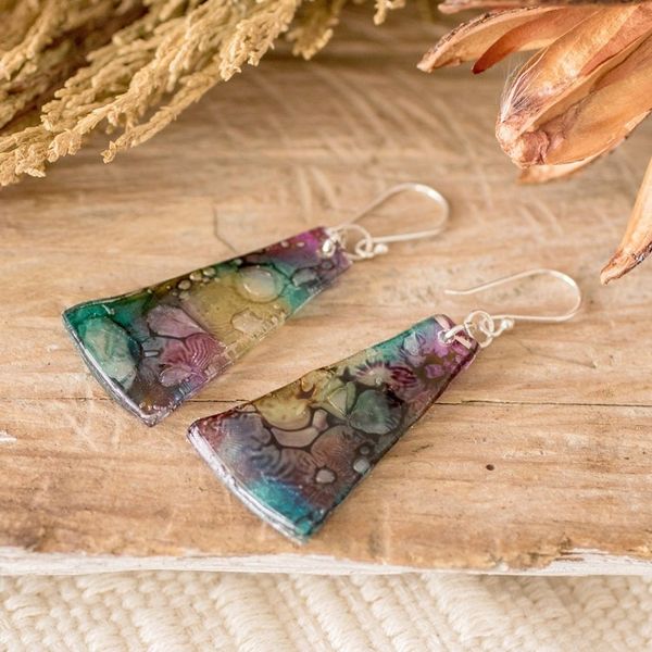 Alternate image for Yellow Turquoise and Purple Recycled CD Dangle Earrings Color Explosion