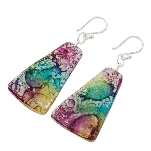 Alternate image for Yellow Turquoise and Purple Recycled CD Dangle Earrings Color Explosion