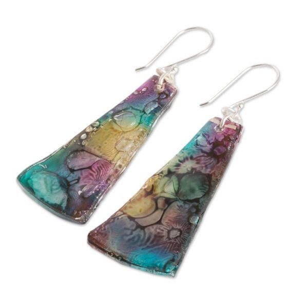 Alternate image for Yellow Turquoise and Purple Recycled CD Dangle Earrings Color Explosion